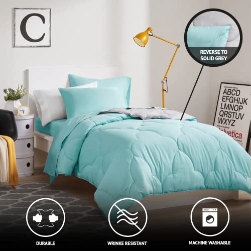 Image of Comfort Spaces Vince Reversible Bed In A Bag - Trendy Casual Geometric Quilted Cover, All Season Down Alternative Cozy Bedding, Matching Sham, Twin XL, Reversible Aqua /Gray 6 piece