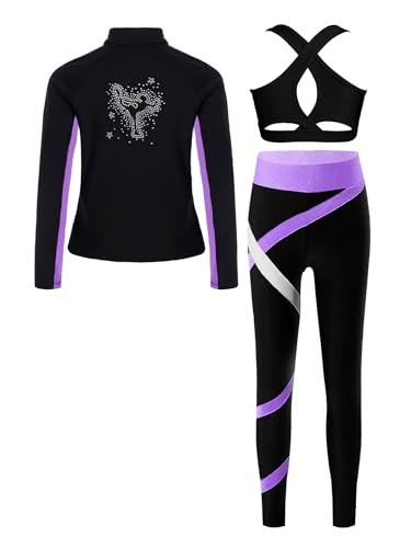 3Pcs Kids Girls Figure Skating Outfit Fleece-Lined Sweatshirt with Leggings and Vest for Gymnastics Dance Workout2
