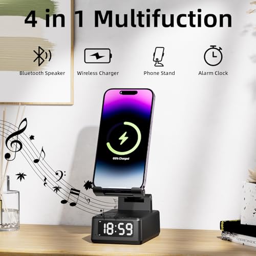 Lartedaux 4 In 1 Bluetooth 5.3 Wireless Speaker With Adjustable Phone Stand Wireless Charging Station, Digital Alarm Clock & Portable Speaker Support Usb Drive thumb #1