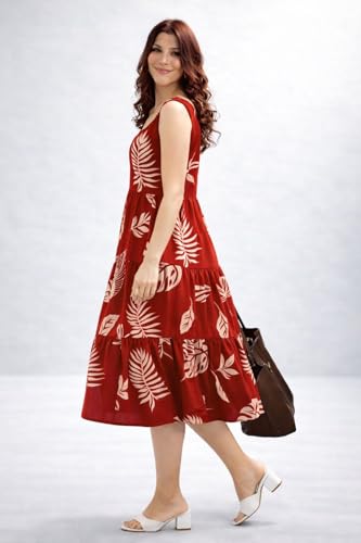 Image of Women Printed Midi Dress V-Neck Short Sleevless Maroon Pattern A-Line Dress
