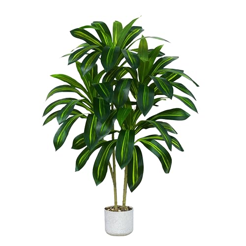 TXABL Dracaena Artificial Tree 120cm Tall Fake Tree Artificial Plants Indoor with White Planter, 4FT Floor Plant Faux Yucca Tree in Pot for Outdoor Home Office Living Room Bedroom Farmhouse