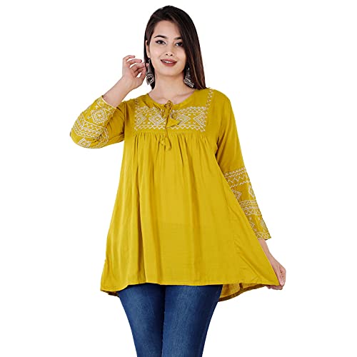 Image of Women�s Stylish Fashionable Rayon Embroidery top Size Casual || Party || Beach || Formal || Meeting || Office wear || Party || Evening || College (Mustard, M)