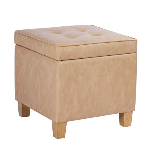 Image of HomePop 18 inch Square Tufted Storage Ottoman - Sand Faux Leather