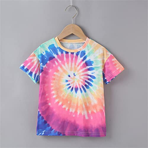 Túnica infantil para meninas, blusa de gola redonda, camiseta macia com estampa tie-dye de manga cur