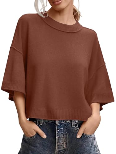Image of Women's Short Sleeve Cropped Sweaters 2025 Summer Oversized Loose Fit Drop Shoulder Casual Sweater Tops
