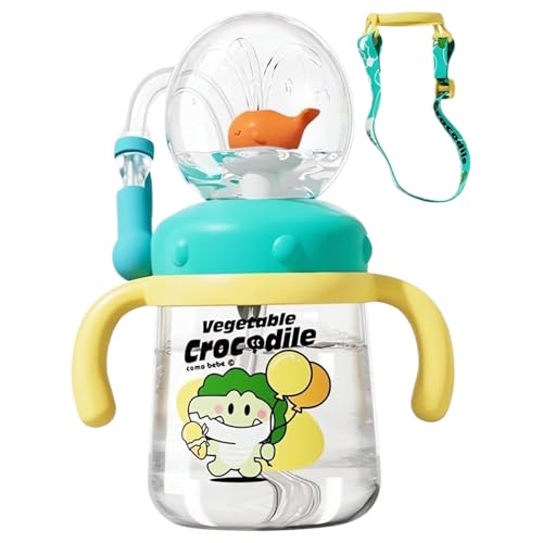 Coppa di sippy balena, 300 ml di bicchiere di fontana di balena carina, bottiglia d'acqua riutilizzabile a prova di perdite con paglia e cinturino per festa, scuola, spiaggia, verde