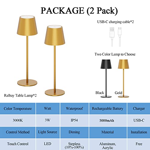 Ralbay 2 Pack Rechargeable Led Table Lamp,Portable Gold Outdoor Table Lamp Waterproof 3W 5000Mah Battery Desk Lamp,Stepless Dimmable Metal Table Light For Outdoor Restaurant Home Patio Light(Gold) #TOP5