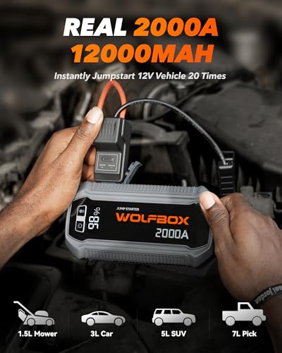 Image of WOLFBOX 2000A Jump Starter, 44.4Wh Battery Jumper Starter Portable with LED Display, 12V Car Battery Jump Starter Pack (7L Gas 6L Diesel Engine) with Booster, LED Light, Jumper Cables (NO Adapter)