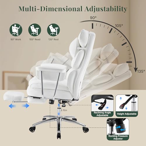 Image of Executive Ergonomic Office Chair, PU Leather High Back Reclining Office Chair with Footrest and Lumbar Support, Height Adjustable Rolling Swivel Computer Chair for Home Office,White