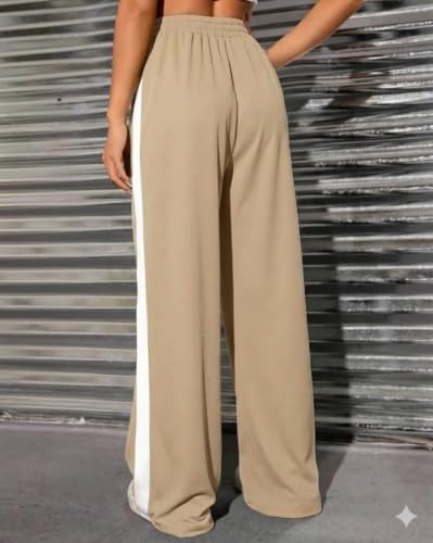 Image of Women's Wide Leg Track Pants, Beige with White Side Stripe, Elastic Waist, Casual Style