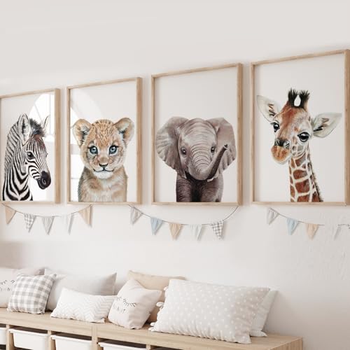 KIU DESIGNS Safari Nursery Decor, Unframed 8×10 Poster Set of 4, Jungle Animal Wall Art for Unisex Nursery