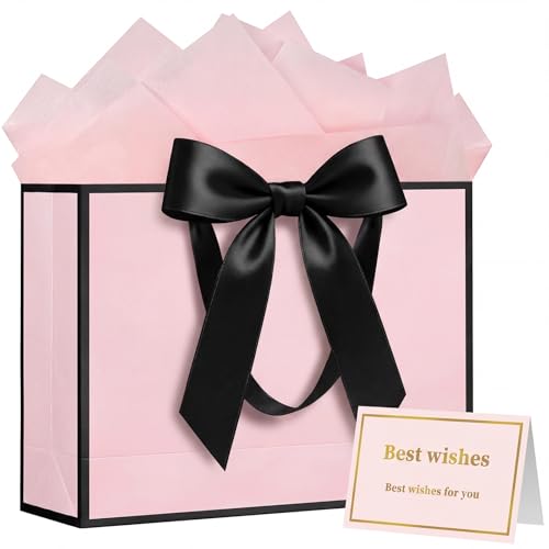 Laidans 13 Gift Bag with Handles and Bow Ribbon Large Gift Bag with 3 Tissue Paper and 1 Card for Birthdays Baby Showers Wedding Bridal Showers Mothers Day (Light Pink)