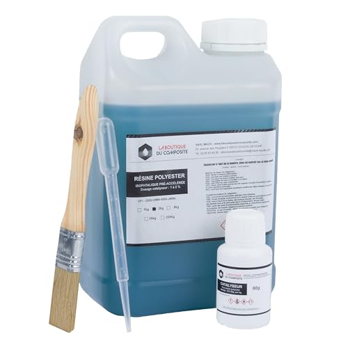 Kit Résine Polyester Marine 2Kg – Avec Catalyseur, Pipette et Pinceau – Stratification, Réparation Bateau et Composite