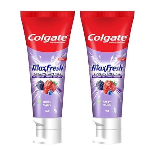 Image of Colgate MaxFresh Berry Magic Fluoride Toothpaste, Berry Flavoured Gel Toothpaste with Ultrafreeze Technology for Intense Freshness, 10x Longer-lasting Cooling 200 gm (Pack of 2 x 100g)