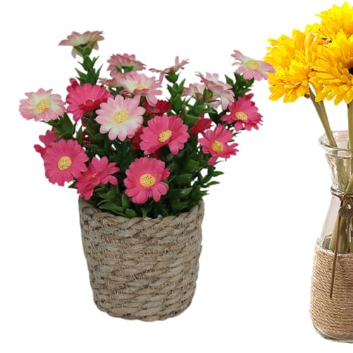 Potted Flowers Artificial Decor,Fake Potted Flowers Artificial Flowers in Pot - Silky Artificial Daisy Rattan Pot Bonsai for House Tabletop Decoration