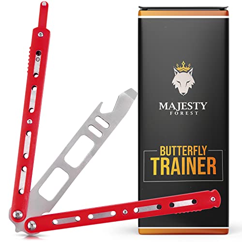 MAJESTY FOREST® Butterfly Trainer (Red) - Balisong Trainingsmesser mit E-Book zum Tricks lernen - Integrierter Flaschenöffner und Schraubendreher
