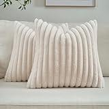 Picture of FUTEI Light Beige Throw Pillow Covers Set of 2, 22x22 Inch Striped Texture Cushion Cases with Soft Faux Rabbit Fur Front & Velvet Back, Modern Decorative Couch Pillows for Living Room