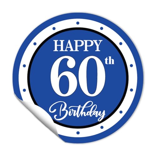 REWIDPARTY 1.5 Inch Round 60th Birthday Stickers（80 Pieces） Blue Happy 60th Birthday Stickers 60th Birthday Party Favor Stickers Adhesive Party Stickers 60th Birthday Party Decorations Supplies