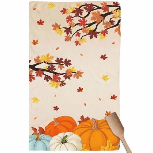 Image of Fall Kitchen Towels Orange Pumpkin Thanksgiving Hand Towels Maple Leaf Tree Dish Towel Cleaning Cloth Soft Absorbent Quick Drying Dish Cloths for Kitchen, Bathroom Autumn Decoration