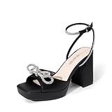 DREAM PAIRS Women's Double Bowknots Platform Chunky Heels Rhinestone High Square Toe Dress Sandals for Wedding Bridal Party,Size 8,Black-Pu,SDHS2453W