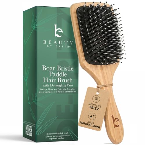 Boar Bristle Paddle Brush for Long & Thick Hair, Works on Dry & Wet Hair