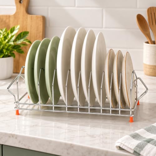 Image of Zepdos Stainless Steel Plate Stand for Kitchen | 8 Slot Plate Rack & Dish Organizer | Rust Resistant Plate Holder with Non-Slip Feet | Compact Space Saving Kitchen Storage Dish Rack