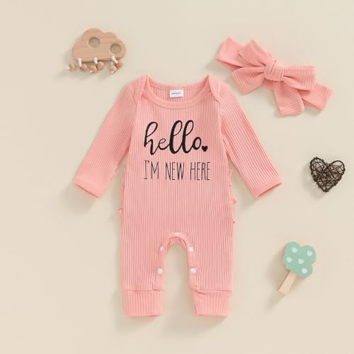 Newborn Outfits Baby Girl Hello I'm New Here Letter Long Sleeve Footies Romper Fall Winter Clothes with Headband2