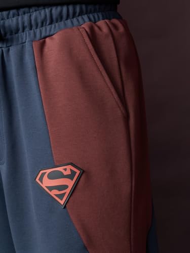 Image of The Souled Store Superman: Skyborn Men and Boys Drawstring Waist Navy Blue Colorblock Cotton Fleece Baggy Fit DC Comics Graphic Korean Jogger
