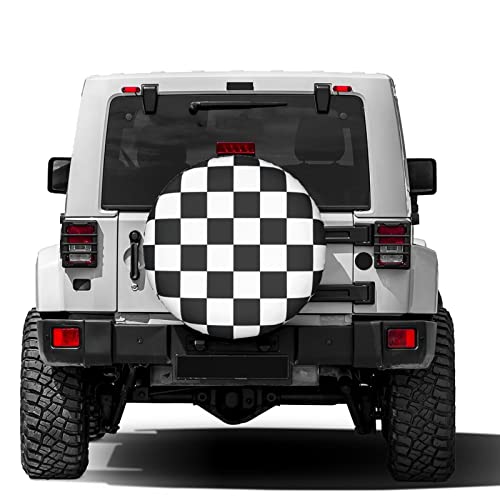 Image of Black and White Racing and Checkered Pattern Spare Tire Cover Dust-Proof Wheel Tire Cover Fit Trailer, RV, SUV and Many Vehicle 14 Inch