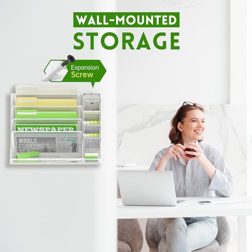 SUPEASY Wall File Organizer, 5-Tier Desk Organizer with 4 Pen Holders, Wall Organizer for Office with R-shaped Bottom Tray, Desk Organizers and Accessories for Office Supplies, Whi image 6