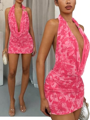 Image of OYOANGLE Women's Sexy Deep V Halter Dress Floral Bodycon Club Mini Dresses