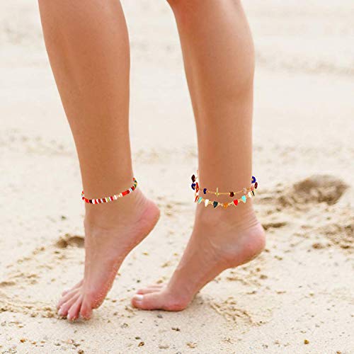 Image of Boho Beaded Ankle Bracelet Beach 18 K Gold Plated Anklet Bracelets Handmade Colorful Seed Beads Butterfly Evil Eye Heart Link Chain Anklet Pack Cute Summer Foot Jewelry for Women