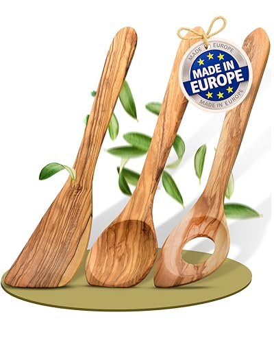 FEINHOLZ Juego de 3 Utensilios de Cocina de Madera de Olivo – Set de Cucharas Premium: Cuchara, Cuchara para Risotto y Espátula – Hecho a Mano, Antibacteriano – Idea de Regalo