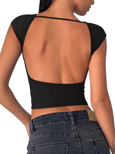 REORIA Women's Sexy Backless Going Out Crop Tops Double Lined T Shirts Open Back Y2k Trendy Crop Tops