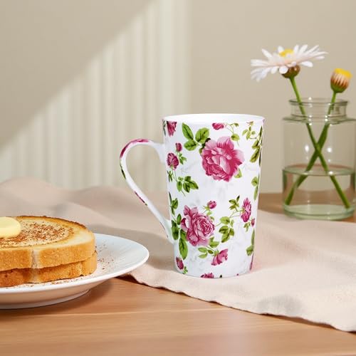 Taza alta de café Bone China floral 14 oz blanca-rosada miniatura 3