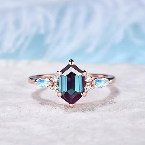 Vintage Alexandrite Engagement Ring, Elongated Hexagon Cut - 4.87 Carat, Cluster Moonstone Ring Unique June Birthstone Promise Wedding Ring, Solitaire Alexandrite Bridal Ring, Art Deco Statement Ring For Anniversary Ring with Gift Box {BL-AL-60}2