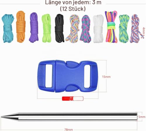 Wandefol 12 Farben 10 Fuß Paracord Schnur 550 Multifunktions Paracord Seile Set mit 24 Schnallen für DIY Handwerk, Survival, Camping, Alle Altersgruppen