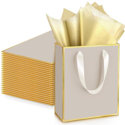 Image of Yeaqee 24 Pack Metallic Paper Gift Bags, Champagne, Gold | with Satin Ribbon Handle and Tissue, 9x7x3.1 Inch, Suit Business, Birthday, Christmas, Thank You Return Gifts Bags
