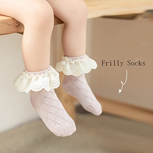 Fyluoke Baby Toddler Ruffle Lace Socks Girls Uniform Stockings Infants Casual Cotton Cute Princess Frilly Dress Socks(0-6T) (0-12 Months, Frilly-0A) #TOP6