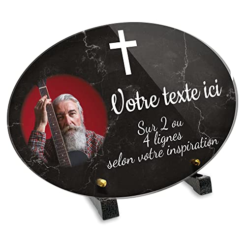 Plaque funéraire Ovale avec photo personnalisable en plexi motif Croix Chrétienne, différentes tailles, épaisseur 6mm, personnalisée sur plusieurs lignes 30x20 cm