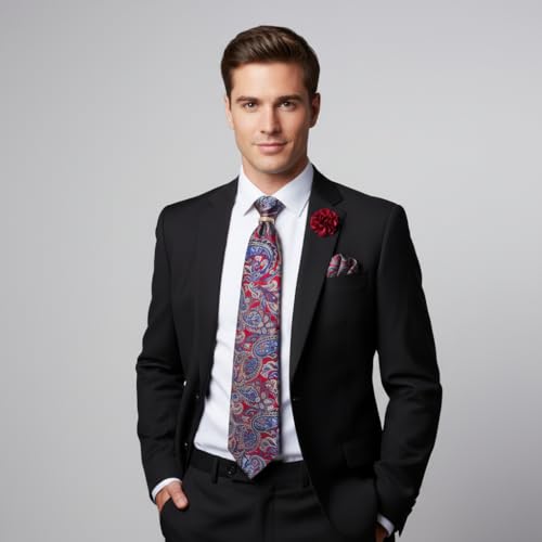 Image of 5PCS Mens Premium Silk Tie, Pocket Square, Cufflinks, Drilled Tie Ring and Lapel Pin Set for Wedding Groom Party