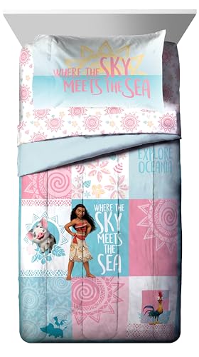 Image of Jay Franco Disney Moana Twin Comforter Set 5 Piece Kids Bedding for Girls | Bed in a Bag with Sheets and Sham, Pua and Hei Hei, Super Soft Microfiber, Machine Washable, All Season (Officially Licensed)
