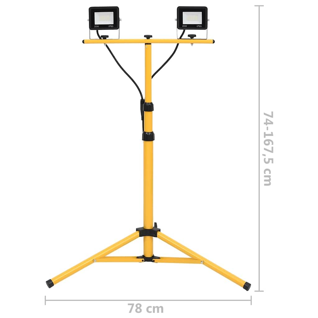 Reflektor budowlany LED ze statywem 2 x 20 W, teleskopowa lampa robocza zimna biel 6000 K, 2800 lm, ochrona IP, regulowany reflektor na plac budowy, do warsztatu i garażu, kabel 3 m