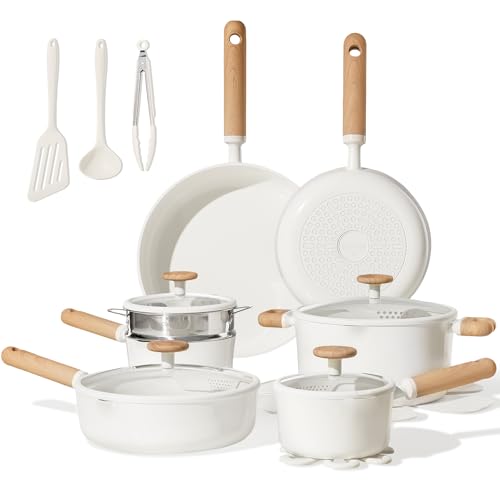 Image of CAROTE Ceramic Cookware Set Nonstick, 21pcs Pots and Pans Set Nonstick, Non-Toxic & PFAS-Free, Dishwasher, RV /Camping Cookware Set, Cooking Pots with Lids, Charcoal Black, Cream