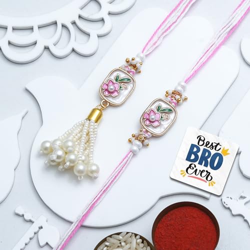 Image of eCraftIndia Pink White Floral Designer Bhaiya Bhabhi Rakhis with Best Bro Ever Fridge Magnet | Set of 2 Rakhi for Brother and Bhabhi | Lumba Rakhi | Roli Chawal Pack