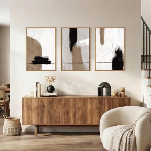 Image of KAIRNE Abstract Neutral Framed Canvas Wall Art Set,Abstract Black Brown Wall Decor,Modern Color Blocks Art Prints,Minimalist Brush Strokes Artwork for Living Room,Bedroom,Farmhouse,Office-16 x24 x3