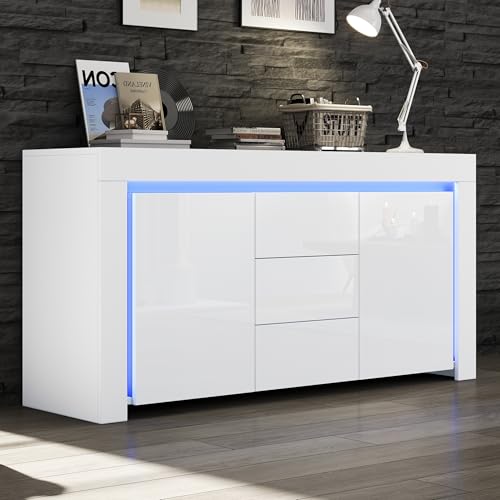 Armario de salón, moderno con 3 cajones, 2 puertas, ancho 140 cm, armario auxiliar brillante con tira de luz LED, aparador con espacio de almacenamiento, adecuado para pasillos, salones, oficinas, 140