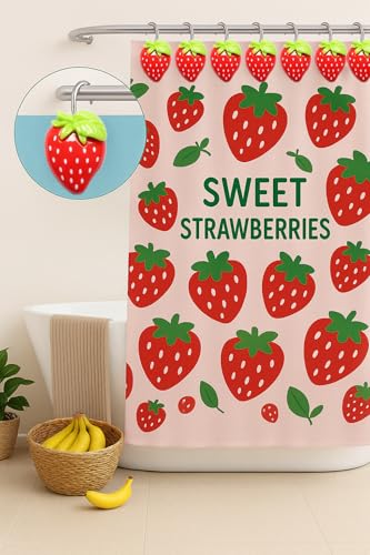 Image of 12-Piece Strawberry Shower Curtain Hooks, Decorative Resin Fruit Shower Curtain Rings, Suitable for Bathroom Decor, Compatible with Standard Shower Curtain Rods