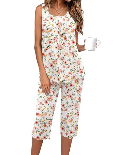 Image of Ekouaer Capri Pajama Sets for Women 2 Piece Soft Cute Pjs Round Neck Sleeveless Lounge Set for Summer Sleepwear S-XXXL