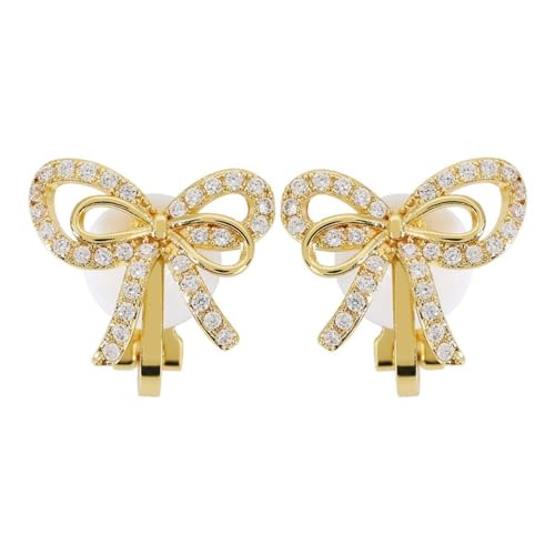Aretes Clip On Lazo Dorado con Brillantes